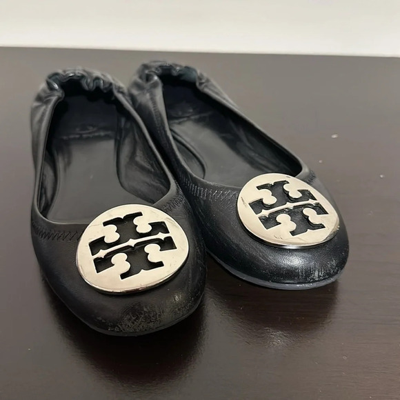 Tory Burch leather Claire / Revva back scrunch flats silver hardware - Picture 2 of 4